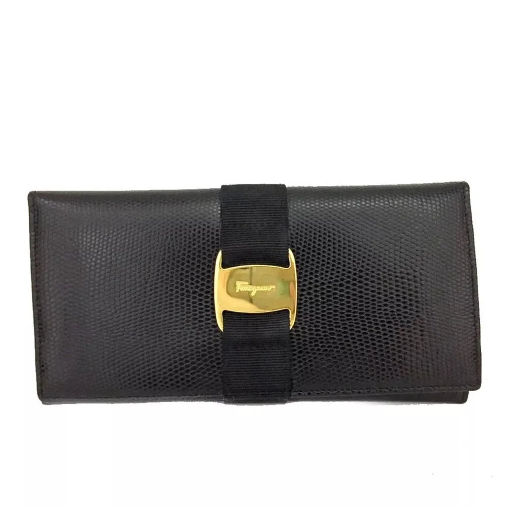 Authentic Salvatore Ferragamo Vara Black Leather Long Bifold Wallet EUC - Picture 1 of 8